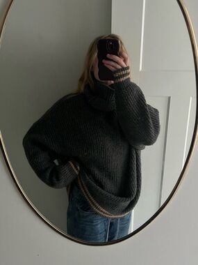 Zara Dark Gray Cowl-Neck Sweater with Tan Stripe Hem 💛
